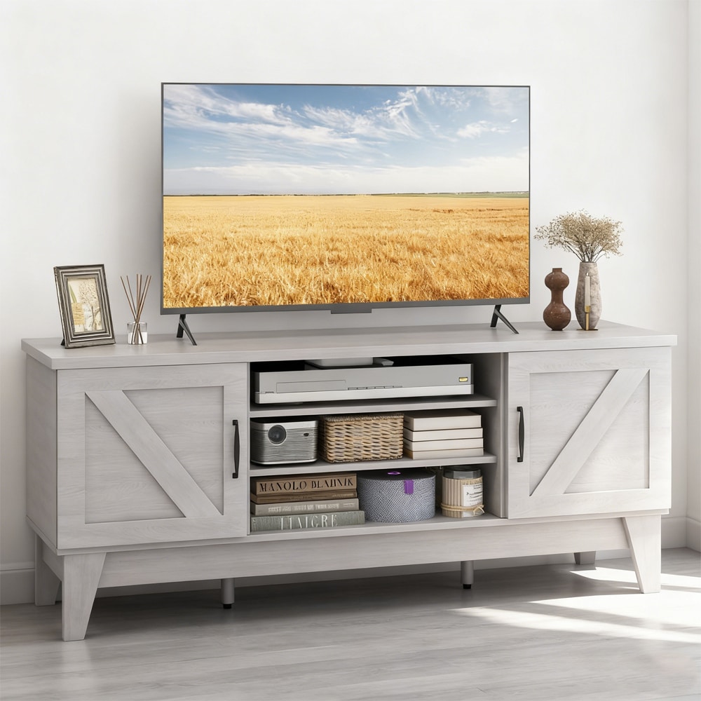Farmhouse TV Stand For TVs Up To 65 Inches With 2 Barn Door Cabinets_voghion.com